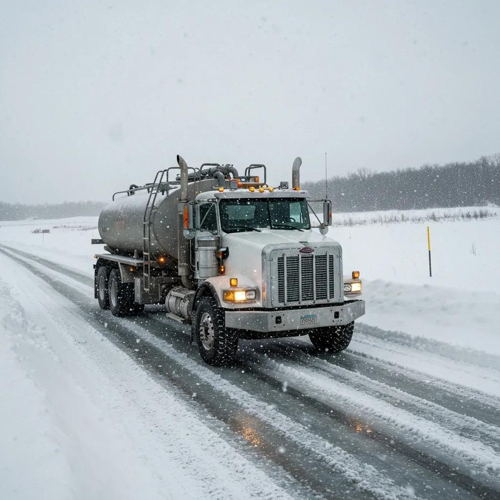 Water hauling truck navigating icy roads during winter challenges | Commercial Water Hauling | Taylor Farms Water Hauling