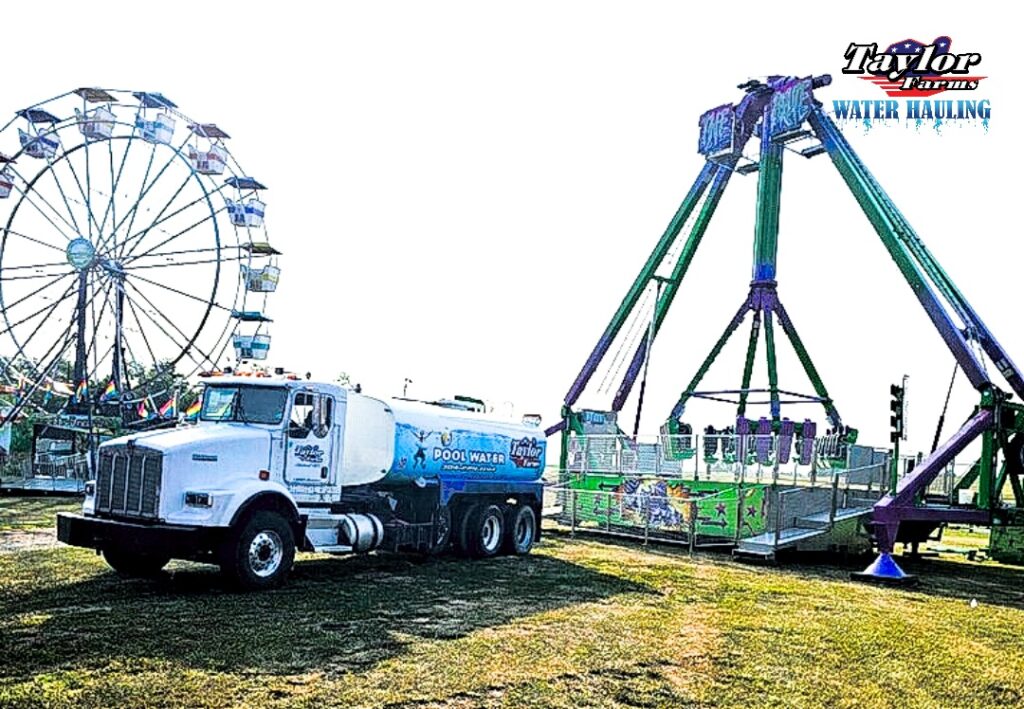 Taylor Farms water truck delivering bulk event water to an outdoor fair